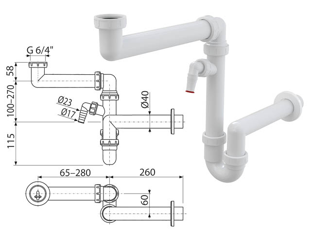 Сифон для мойки экономящий пространство cо штуцером и накидной гайкой 6/4, Alcaplast, арт.A872P