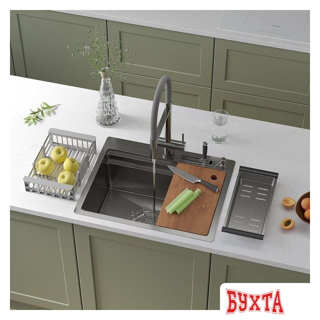 Кухонная мойка Roxen Stage 560250-60 сатин (c держателем для ножей, двумя коландерами, разделочной доской и дозатором)