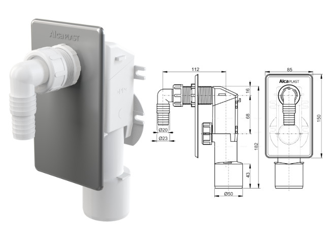 Сифон для стиральной машины под штукатурку хромированный, Alcaplast, арт.APS3