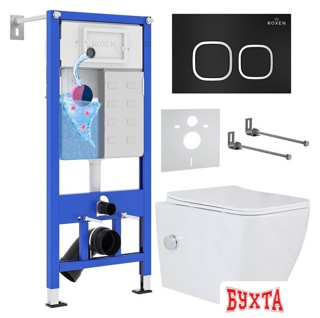 Унитаз подвесной Roxen Cube Bidet One Rimless 6 в 1 StounFix Dual Fresh 546731 (кнопка: черный матовый)
