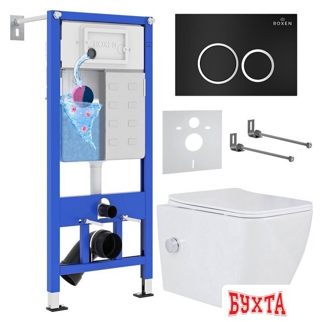 Унитаз подвесной Roxen Cube Bidet One Rimless 6 в 1 StounFix Dual Fresh 508149 (кнопка: черный матовый)