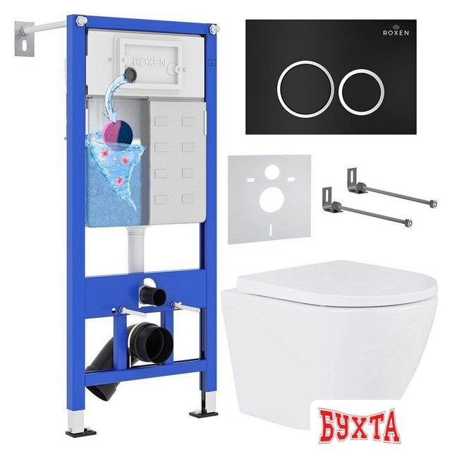 Унитаз подвесной Roxen Antares One Rimless 6 в 1 StounFix Dual Fresh 506495 (кнпка: черный матовый)