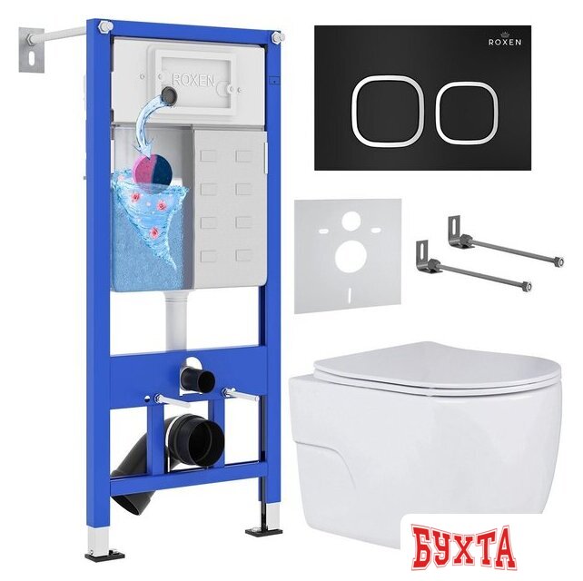 Унитаз подвесной Roxen Porto One Rimless 6 в 1 StounFix Dual Fresh 545591 (кнопка: черный матовый)