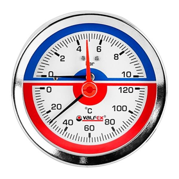 Термоманометр аксиальный (задн.подкл.) с контрольной стрелкой, 63 мм, 1/2", 4 бар,120°С VALFEX (100)