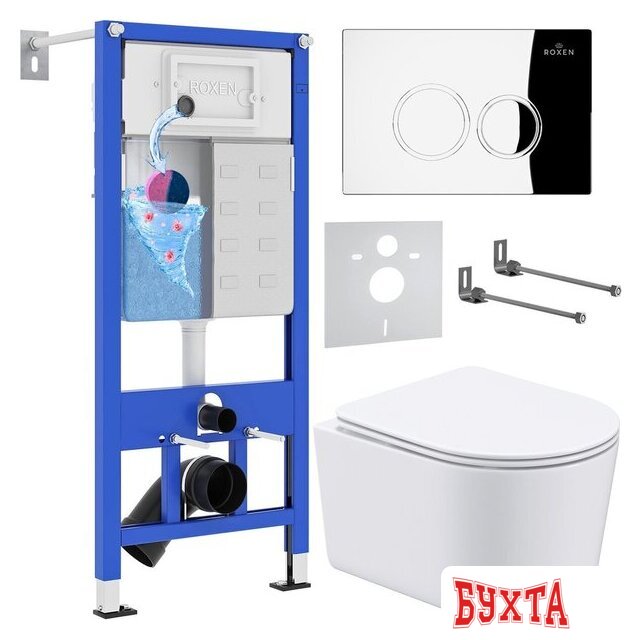 Унитаз подвесной Roxen Simple Compact в комплекте с инсталляцией StounFix Dual Fresh 6 в 1 913681 (кнопка: хром глянец)