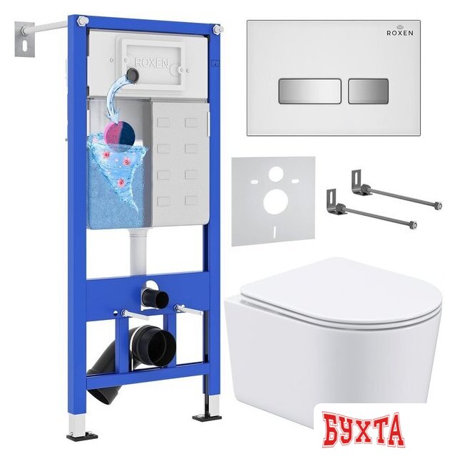 Унитаз подвесной Roxen Simple Compact в комплекте с инсталляцией StounFix Dual Fresh 6 в 1 964407 (кнопка: белое стекло)