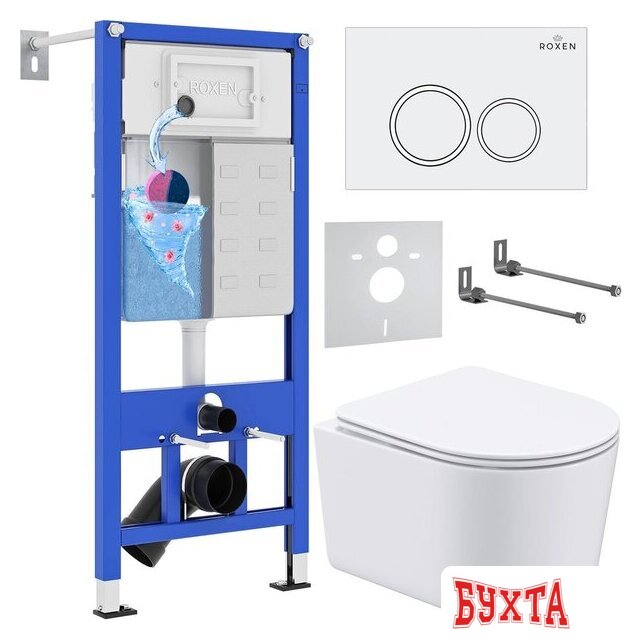 Унитаз подвесной Roxen Simple Compact в комплекте с инсталляцией StounFix Dual Fresh 6 в 1 906789 (кнопка: белый глянец)