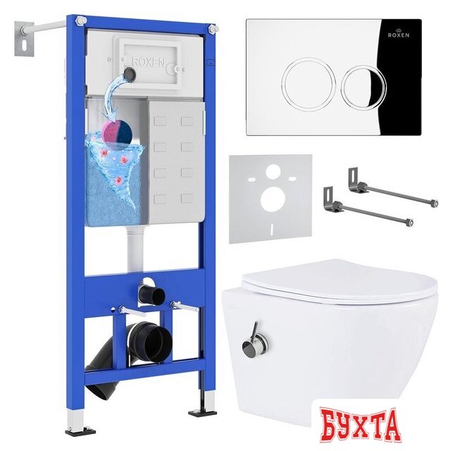 Унитаз подвесной Roxen Antares Bidet в комплекте с инсталляцией StounFix Dual Fresh 6 в 1 926249 (кнопка: хром глянец)