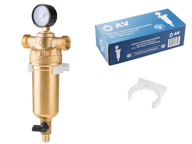 Фильтр самоочищающийся 3/4" нар. или 1/2" вн., 100 микрон, с манометром, AV Engineering AVE115701