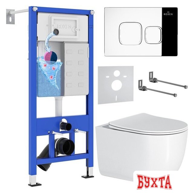 Унитаз подвесной Roxen Vortex Tornado в комплекте с инсталляцией StounFix Dual Fresh 6 в 1 964469 (кнопка: хром глянец)