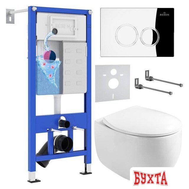 Унитаз подвесной Roxen Egg в комплекте с инсталляцией StounFix Dual Fresh 6 в 1 964032 (кнопка: хром глянец)