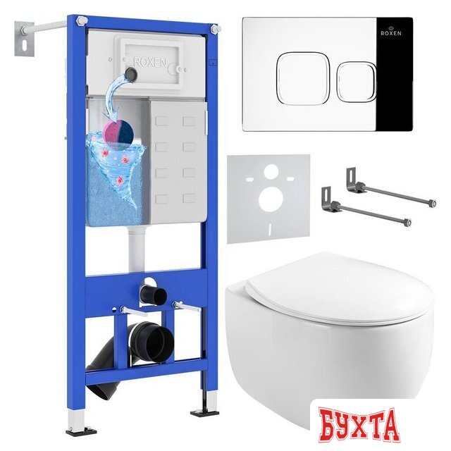 Унитаз подвесной Roxen Egg в комплекте с инсталляцией StounFix Dual Fresh 6 в 1 964100 (кнопка: хром глянец)