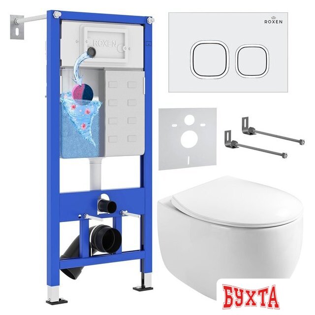 Унитаз подвесной Roxen Egg в комплекте с инсталляцией StounFix Dual Fresh 6 в 1 964077 (кнопка: белый глянец)