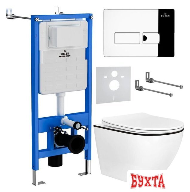 Унитаз подвесной Roxen Antares Black в комплекте с инсталляцией StounFix Dual Fresh 6 в 1 964772 (кнопка: хром глянец)
