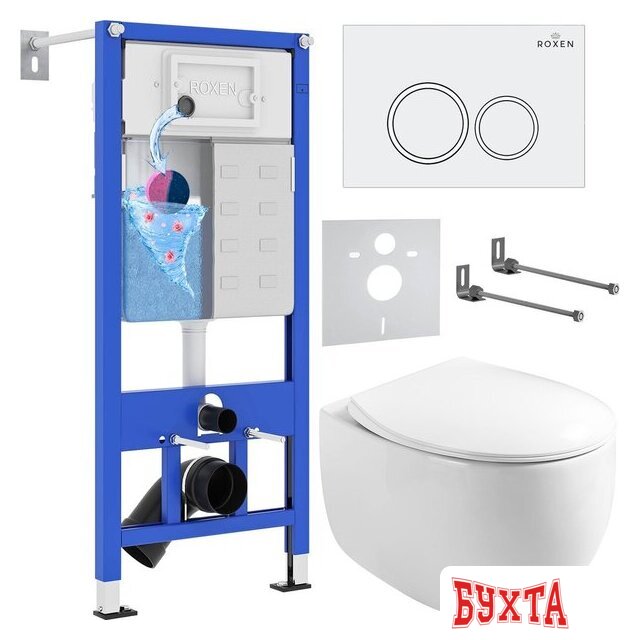 Унитаз подвесной Roxen Egg в комплекте с инсталляцией StounFix Dual Fresh 6 в 1 964008 (кнопка: белый глянец)