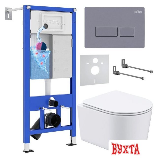 Унитаз подвесной Roxen Simple Compact в комплекте с инсталляцией StounFix Dual Fresh 6 в 1 966808 (кнопка: серый гранит)