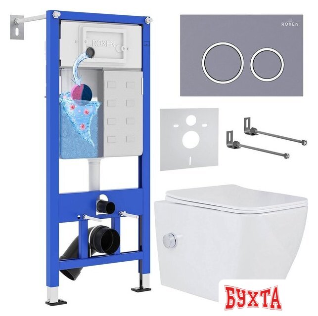 Унитаз подвесной Roxen Cube bidet в комплекте с инсталляцией StounFix Dual Fresh 6 в 1 966127 (кнопка: серый бетон)