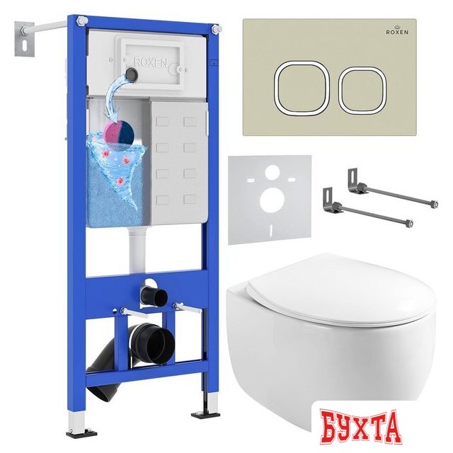 Унитаз подвесной Roxen Egg в комплекте с инсталляцией StounFix Dual Fresh 6 в 1 966619 (кнопка: бежевый)