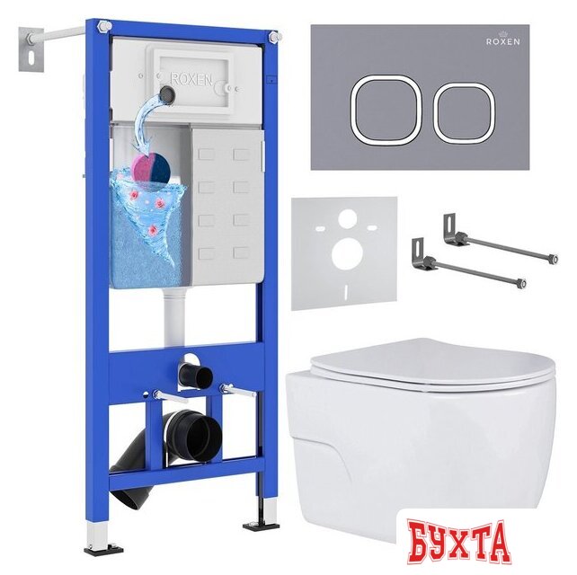 Унитаз подвесной Roxen Porto в комплекте с инсталляцией StounFix Dual Fresh 6 в 1 966397 (кнопка: серый бетон)
