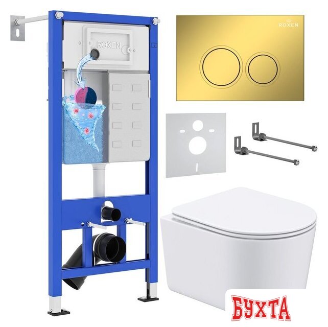 Унитаз подвесной Roxen Simple compact в комплекте с инсталляцией StounFix Dual Fresh 6 в 1 968026 (кнопка: золото глянцевое )
