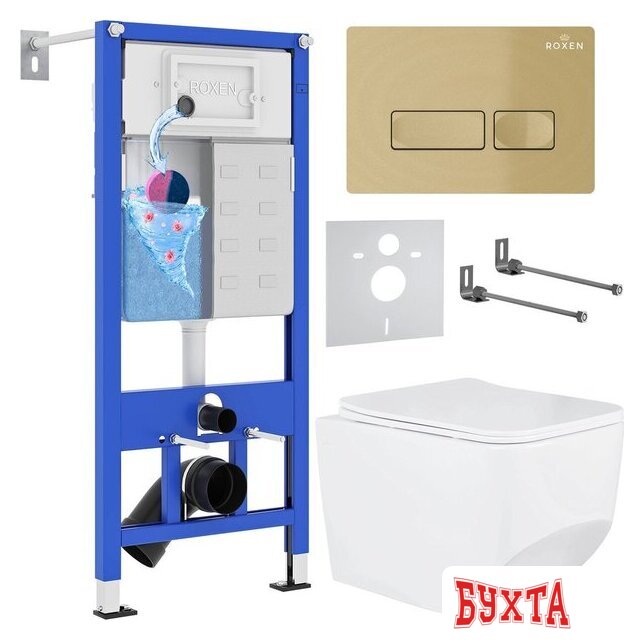 Унитаз подвесной Roxen Boro в комплекте с инсталляцией StounFix Dual Fresh 6 в 1 968081 (кнопка: брашированное золото)