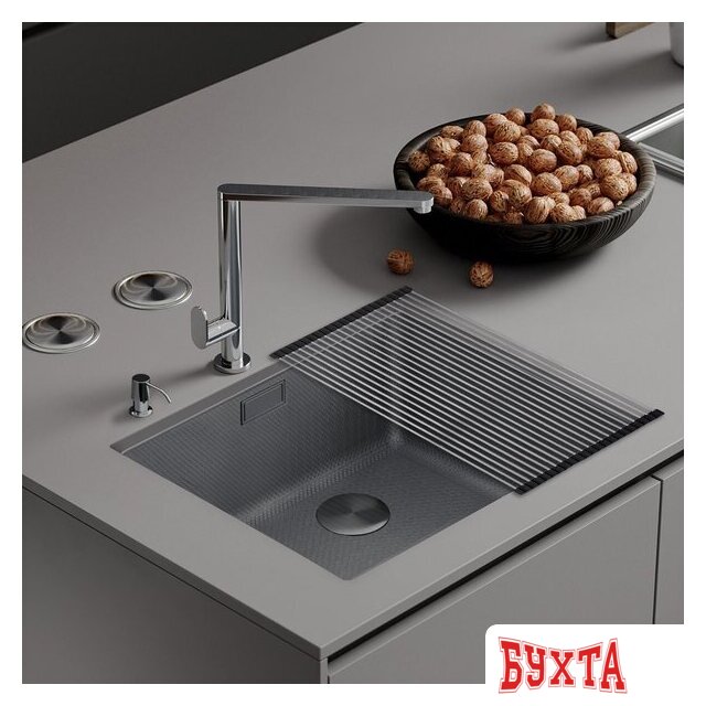 Кухонная мойка Roxen Uno 560210-54S под столешницу сатин/текстурная поверхность (ролл-мат, дозатор, сифон)