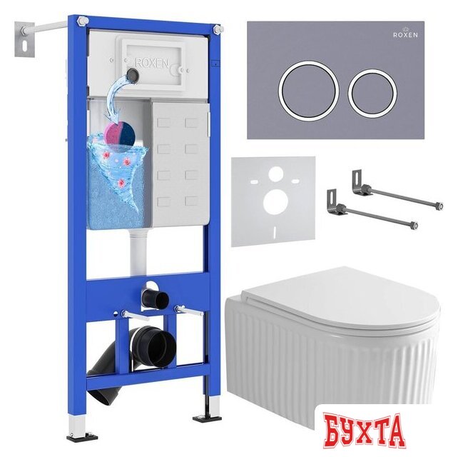 Унитаз подвесной Roxen Royal Matt в комплекте с инсталляцией StounFix Dual Fresh 6 в 1 968253 (кнопка: серый бетон)
