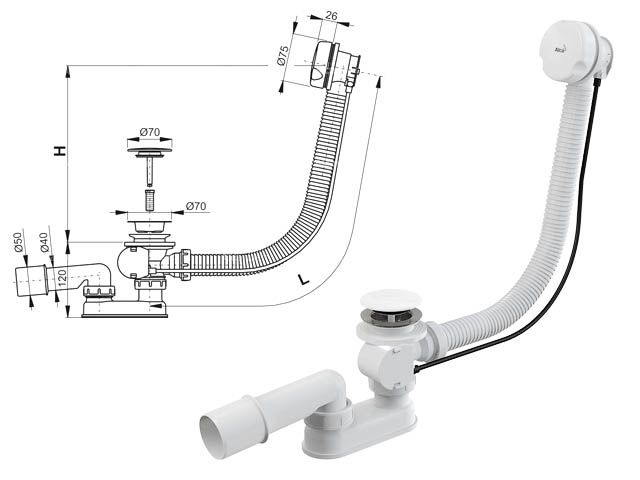 Сифон для ванны автомат комплект, белый, Alcaplast, арт.A51BM