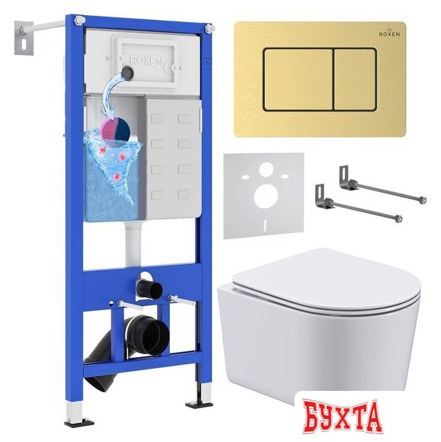Унитаз подвесной Roxen Simple compact в комплекте с инсталляцией StounFix Dual Fresh 6 в 1 968480 (кнопка: брашированное золото)