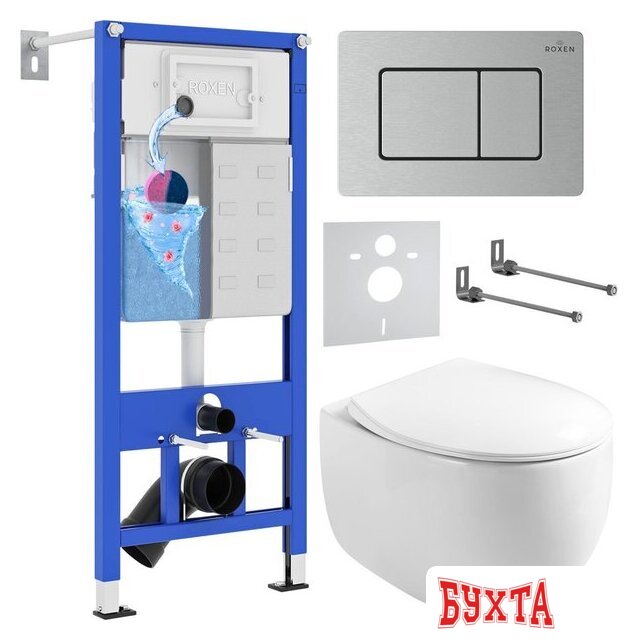 Унитаз подвесной Roxen Egg в комплекте с инсталляцией StounFix Dual Fresh 6 в 1 968442 (кнопка: сатин)