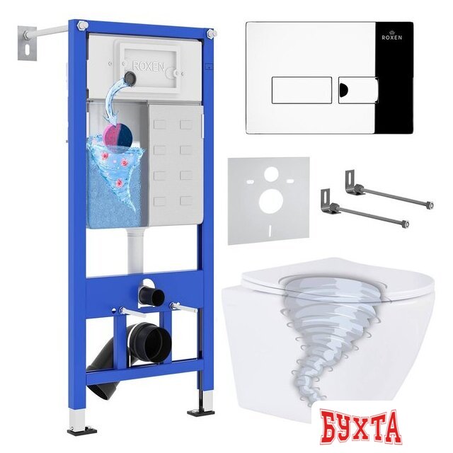 Унитаз подвесной Roxen Antares Tornado в комплекте с инсталляцией StounFix Dual Fresh 6 в 1 968316 (кнопка: хром глянцевый)