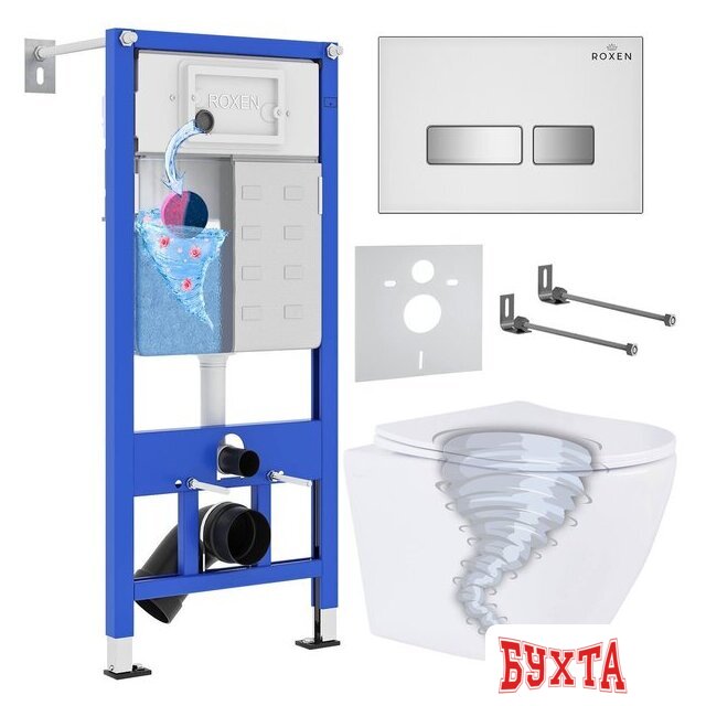 Унитаз подвесной Roxen Antares Tornado в комплекте с инсталляцией StounFix Dual Fresh 6 в 1 968395 (кнопка: белый глянцевый)