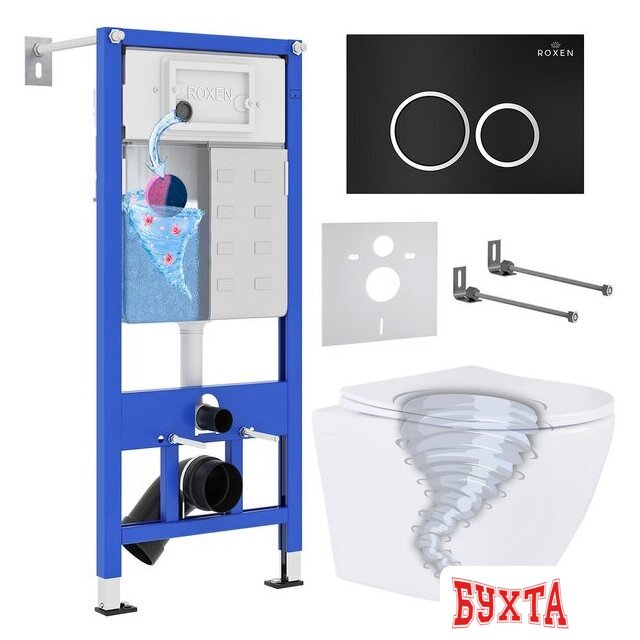 Унитаз подвесной Roxen Antares Tornado в комплекте с инсталляцией StounFix Dual Fresh 6 в 1 968339 (кнопка: черный матовый)