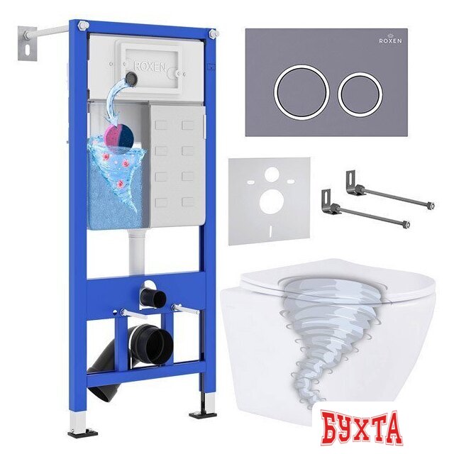 Унитаз подвесной Roxen Antares Tornado в комплекте с инсталляцией StounFix Dual Fresh 6 в 1 968349 (кнопка: серый бетон)