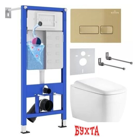 Унитаз подвесной Roxen Martin в комплекте с инсталляцией StounFix Dual Fresh 6 в 1 968506 (кнопка: брашированное золото)