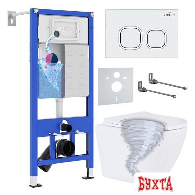 Унитаз подвесной Roxen Antares Tornado в комплекте с инсталляцией StounFix Dual Fresh 6 в 1 968358 (кнопка: белый глянцевый)