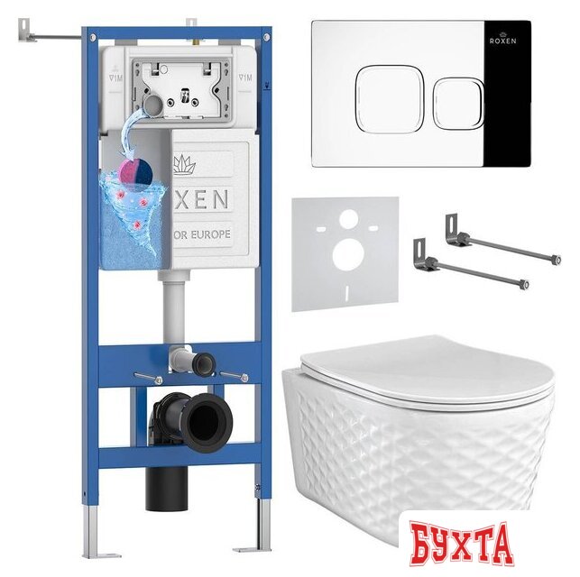 Унитаз подвесной Roxen Vine Tornado в комплекте с инсталляцией StounFix Dual Fresh 6 в 1 979016 (кнопка: хром глянцевый)