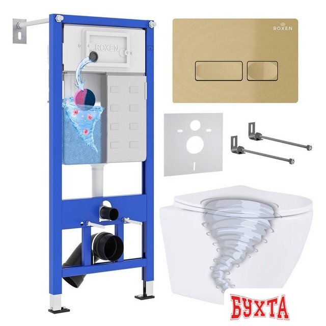 Унитаз подвесной Roxen Antares Tornado в комплекте с инсталляцией StounFix Dual Fresh 6 в 1 968332 (кнопка: брашированное золото)