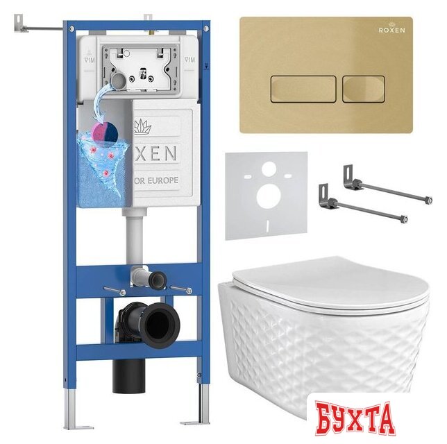 Унитаз подвесной Roxen Vine Tornado в комплекте с инсталляцией StounFix Dual Fresh 6 в 1 979006 (кнопка: брашированное золото)