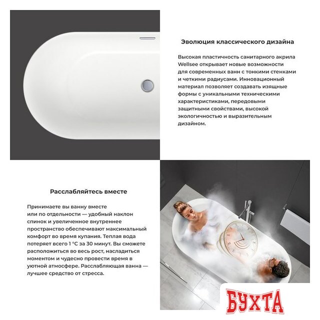 Ванна Wellsee Chic Riviera 170x76 23680502R (отдельностоящая ванна с подсветкой белый глянец, экран, ножки, сифон-автомат глянцевый белый) 5