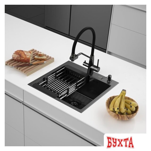 Кухонная мойка ARFEKA ECO AR мойка 500*500, коландер, дозатор BLACK DECOR VOLCANIC ROCK