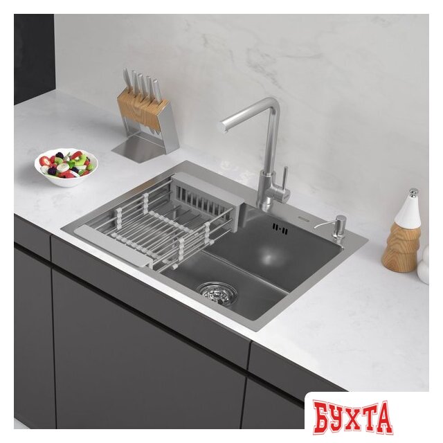 Кухонная мойка ARFEKA ECO AR мойка 600*500, коландер, дозатор SATIN DECOR VOLCANIC ROCK