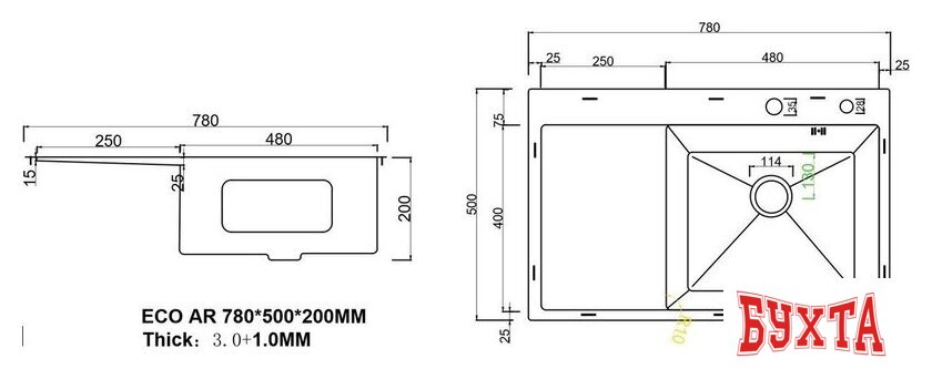 Кухонная мойка ARFEKA ECO AR 780*500 R SATIN 3