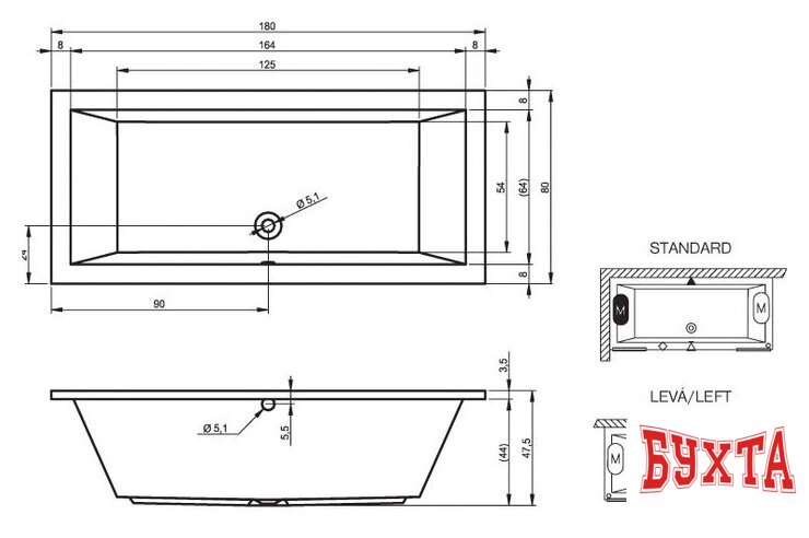 Ванна Riho Lusso 180x80 (без ножек) 2