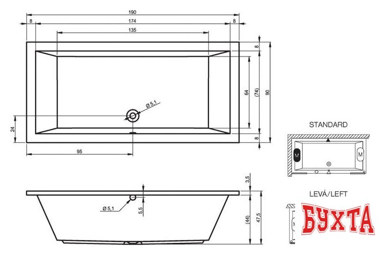 Ванна Riho Lusso 190x90 (с ножками) 2