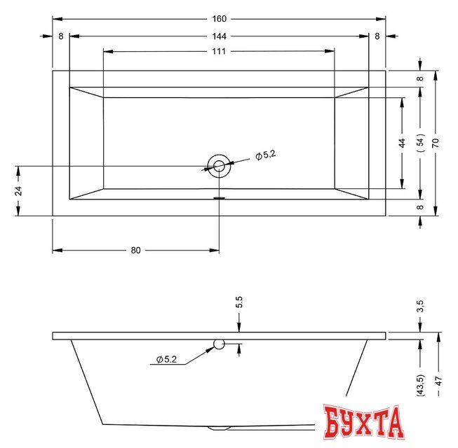 Ванна Riho Lusso 160x70 BA57005 (с ножками и экраном) 2