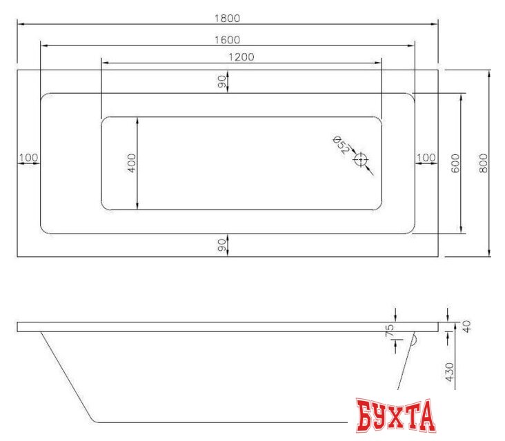 Ванна Bonito Home Saga 180x80 BH-SA-206-180-80/St (с ножками) 4