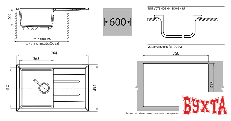 Кухонная мойка GranFest Quadro GF-Q780L (иней) 2