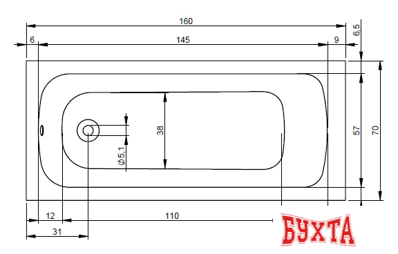 Ванна Riho Dola 160x70 BB30 (без ножек) 2