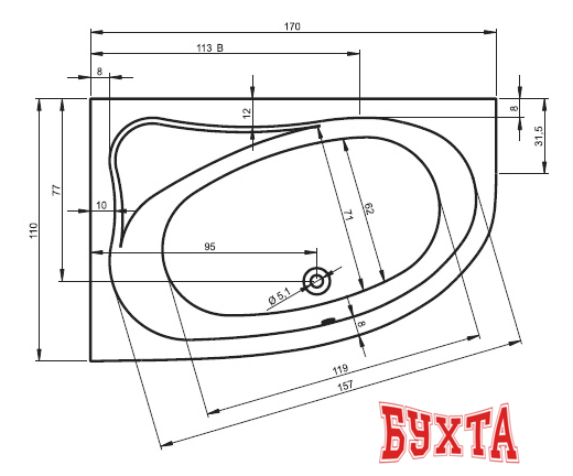 Ванна Riho Lyra 170x110 (левая, с ножками) 2